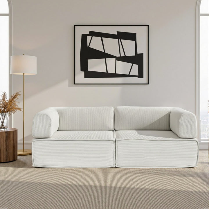 Corduroy Fold 2-Seater Convertible Sofa Bed with Steel Frame in Beige - Greenora Living