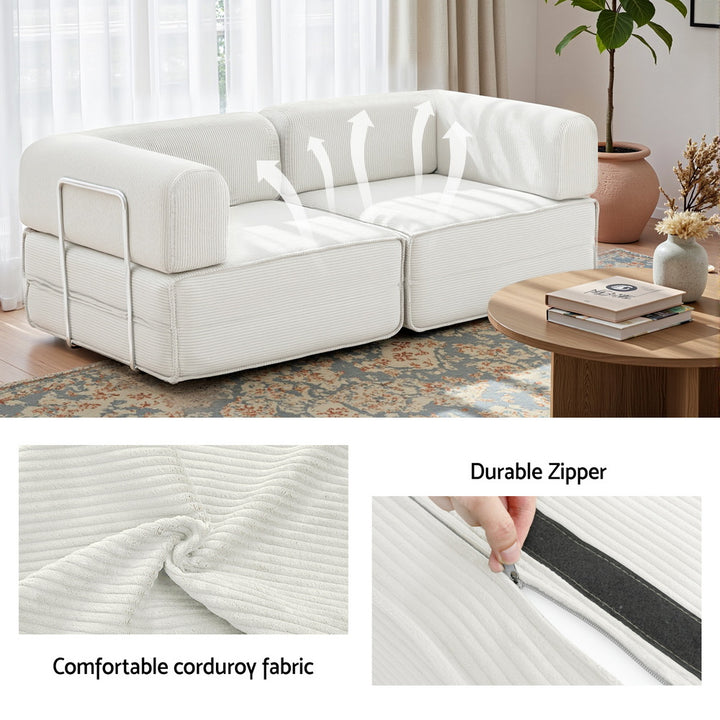 Corduroy Fold 2-Seater Convertible Sofa Bed with Steel Frame in Beige - Greenora Living