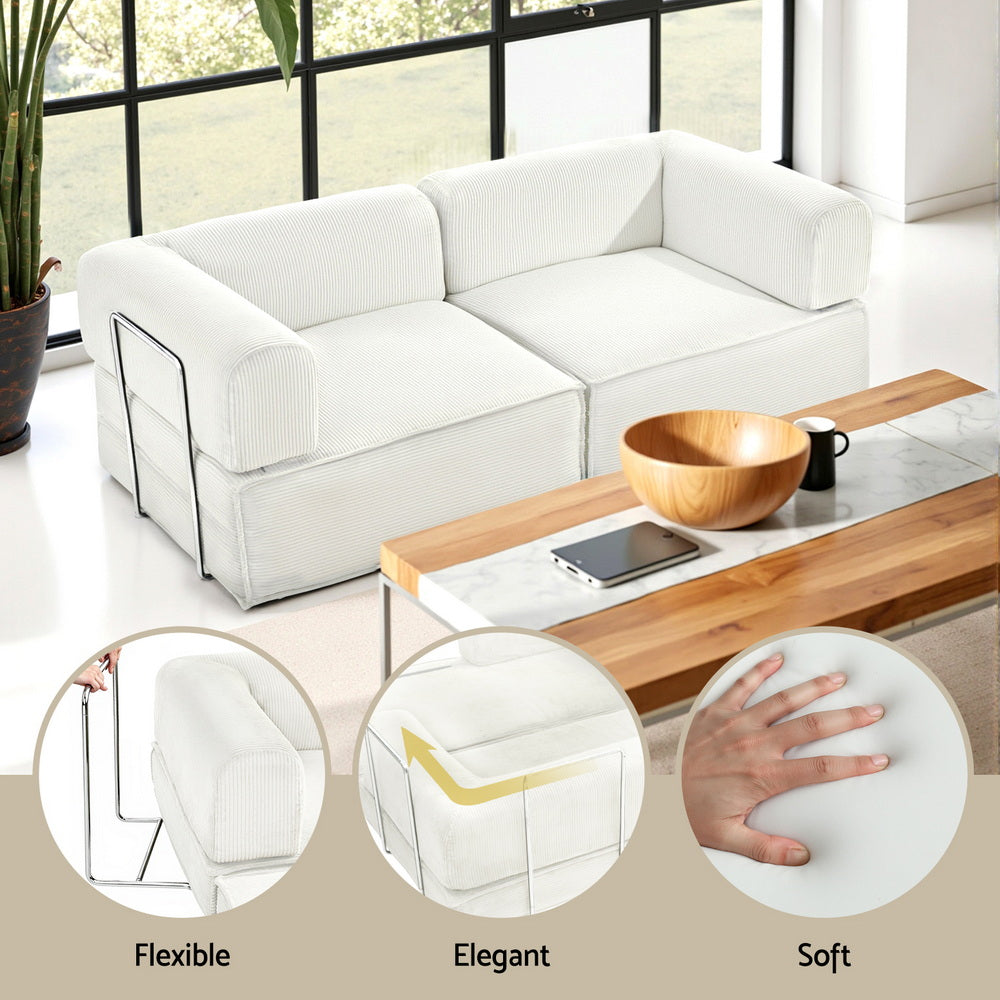 Corduroy Fold 2-Seater Convertible Sofa Bed with Steel Frame in Beige - Greenora Living