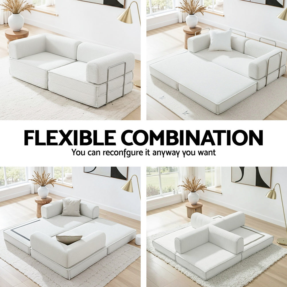 Corduroy Fold 2-Seater Convertible Sofa Bed with Steel Frame in Beige - Greenora Living