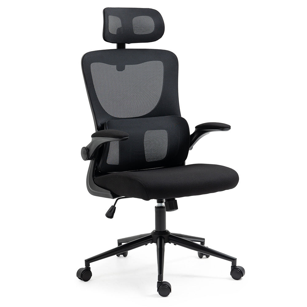 Ergonomic Mesh Office Chair – Lumbar Support, Adjustable Headrest & Retractable Armrests | 120kg | Black - Greenora Living