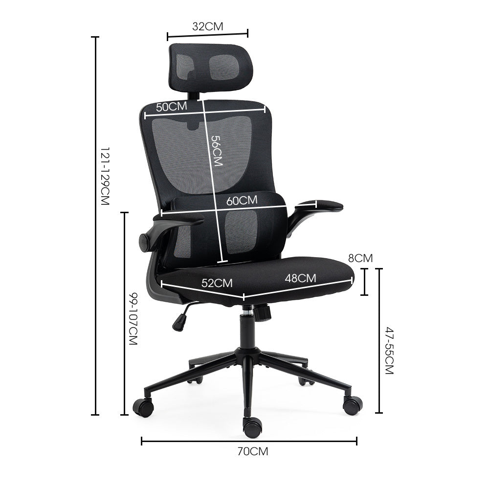 Ergonomic Mesh Office Chair – Lumbar Support, Adjustable Headrest & Retractable Armrests | 120kg | Black - Greenora Living