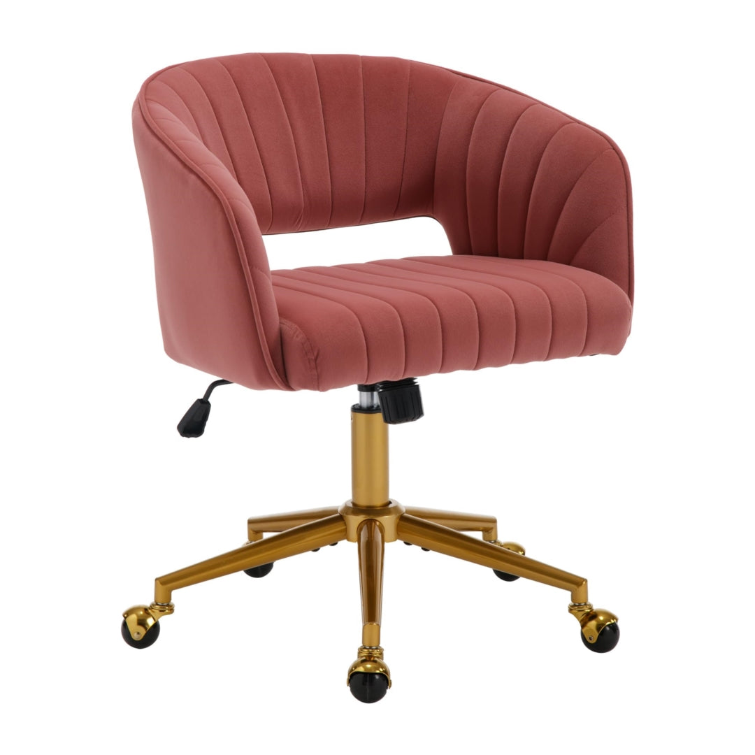 Velvet Office Chair with Ergonomic Hollow Back, Gold Base & Silent Wheels | Rose - Greenora Living