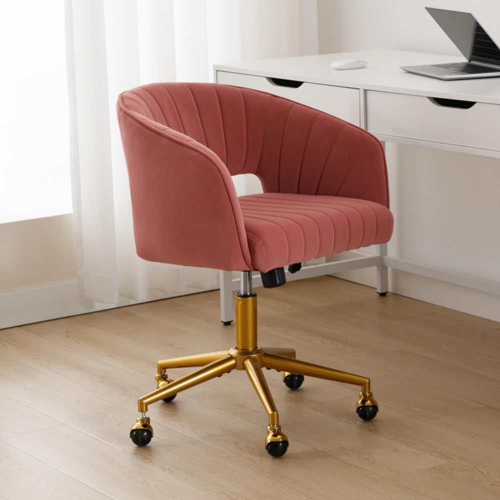 Velvet Office Chair with Ergonomic Hollow Back, Gold Base & Silent Wheels | Rose - Greenora Living