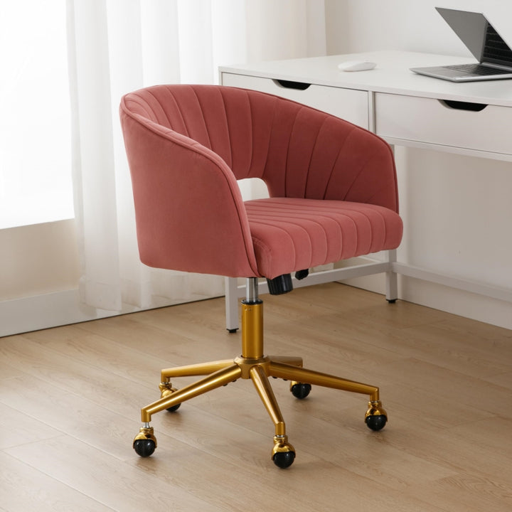 Velvet Office Chair with Ergonomic Hollow Back, Gold Base &amp; Silent Wheels | Rose - Greenora Living