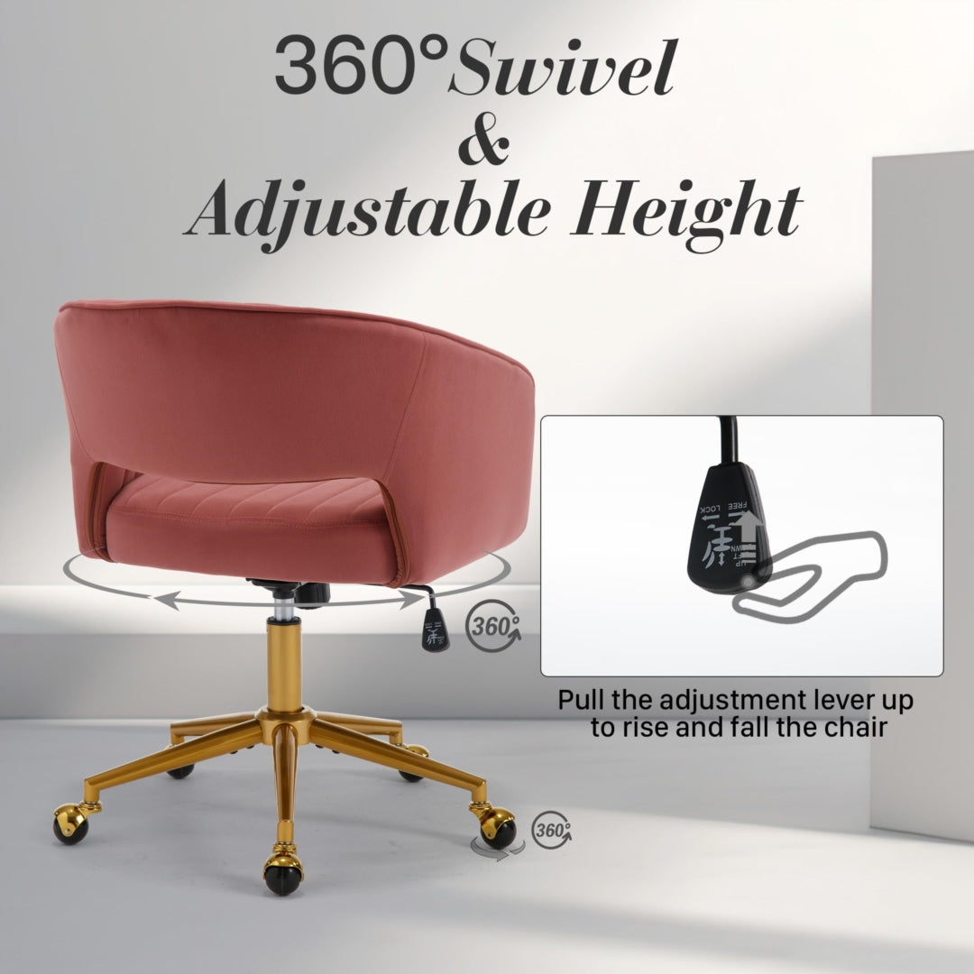 Velvet Office Chair with Ergonomic Hollow Back, Gold Base &amp; Silent Wheels | Rose - Greenora Living