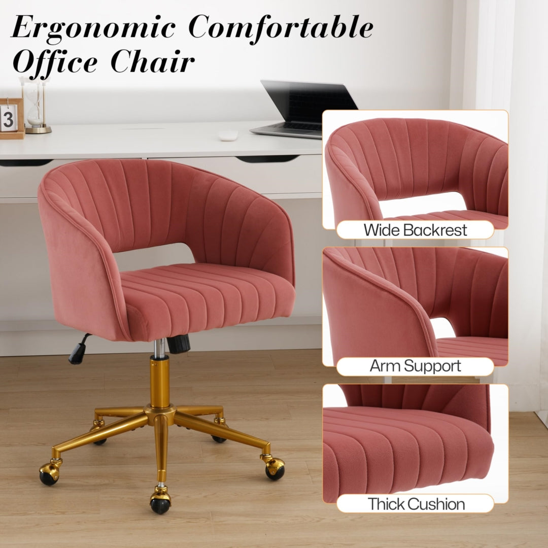 Velvet Office Chair with Ergonomic Hollow Back, Gold Base &amp; Silent Wheels | Rose - Greenora Living