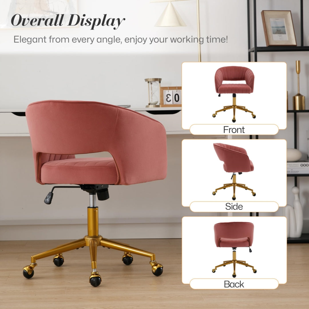 Velvet Office Chair with Ergonomic Hollow Back, Gold Base &amp; Silent Wheels | Rose - Greenora Living
