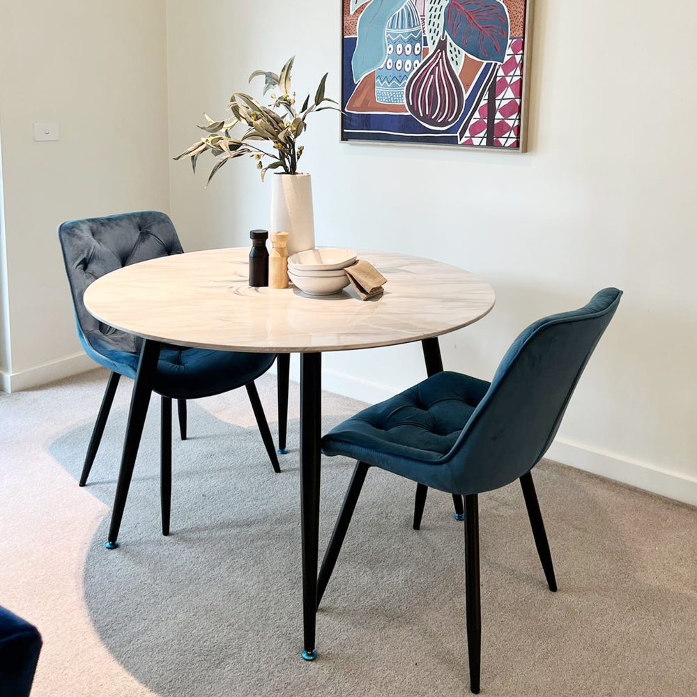 Round Marble-Effect Dining Table – White Top &amp; Metal Frame | Seats 4 - Greenora Living