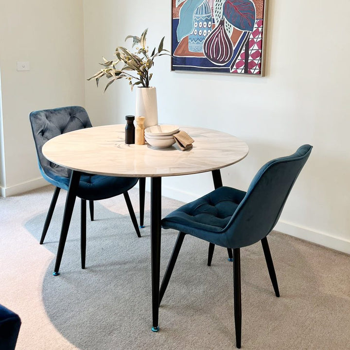 Round Marble-Effect Dining Table – White Top &amp; Metal Frame | Seats 4 - Greenora Living
