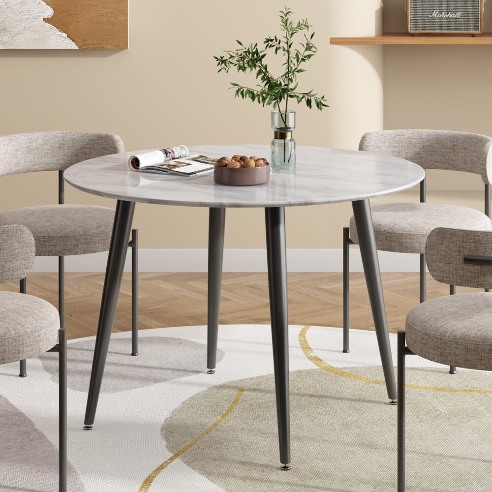 Round Marble-Effect Dining Table – White Top &amp; Metal Frame | Seats 4 - Greenora Living