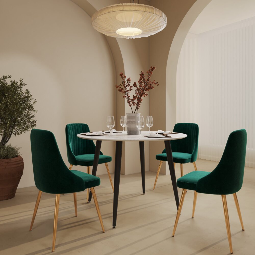 Round Marble-Effect Dining Table – White Top &amp; Metal Frame | Seats 4 - Greenora Living