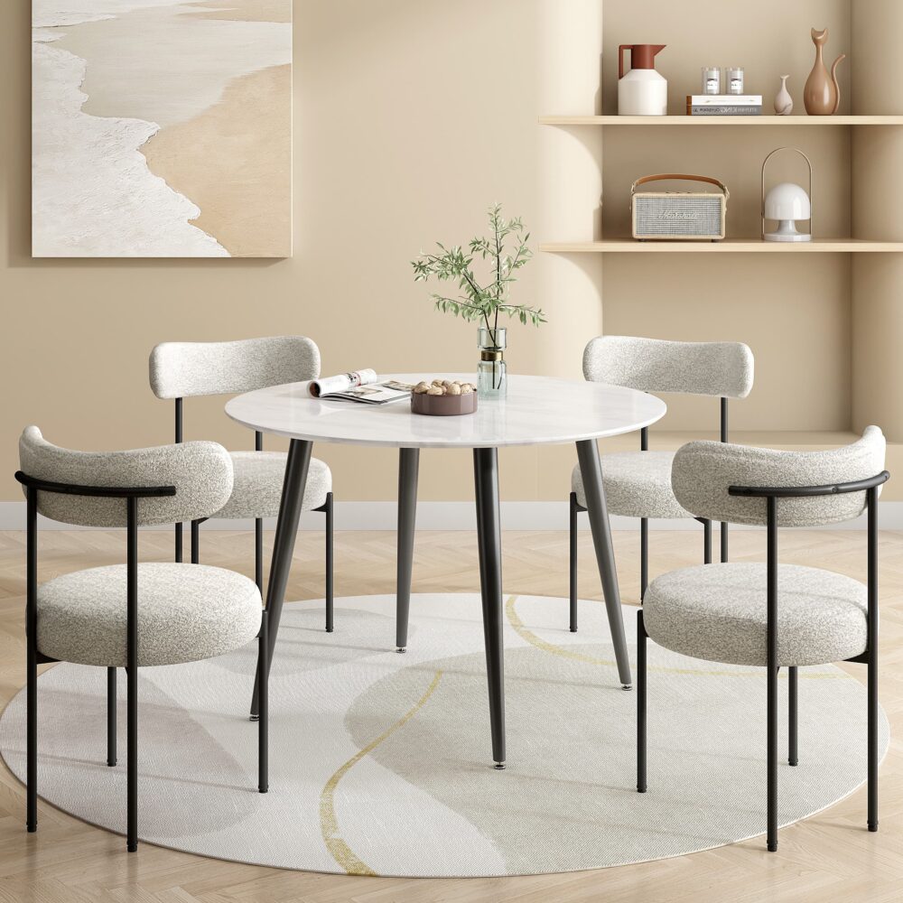 Round Marble-Effect Dining Table – White Top &amp; Metal Frame | Seats 4 - Greenora Living