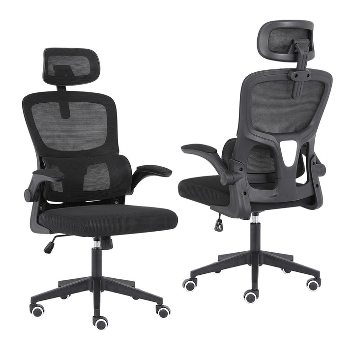 Ergonomic Mesh Office Chair – Adjustable Headrest &amp; Lumbar Support | Flip-Up Armrests | 120kg | Black - Greenora Living