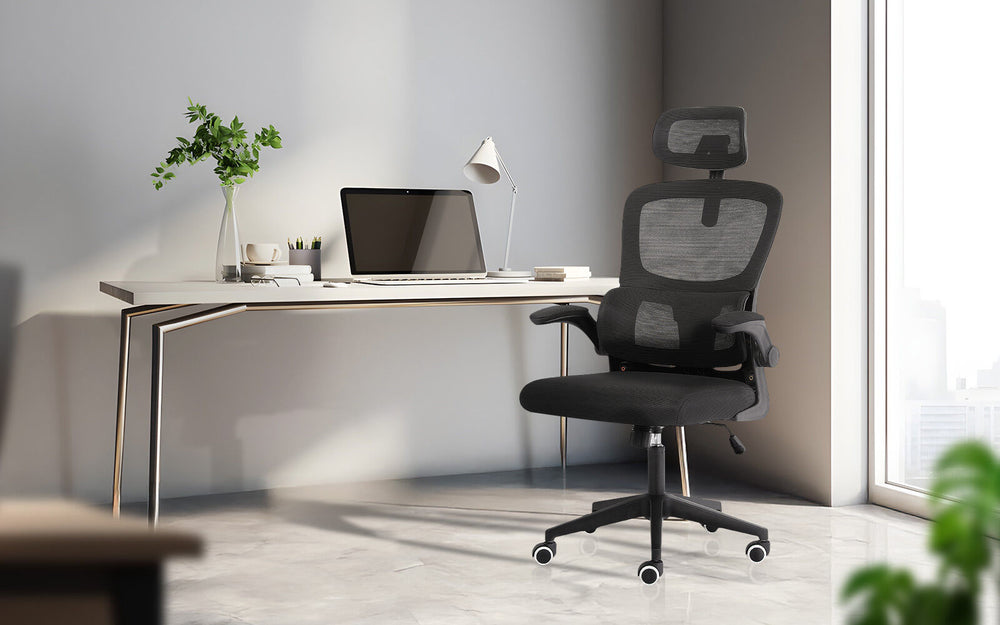 Ergonomic Mesh Office Chair – Adjustable Headrest & Lumbar Support | Flip-Up Armrests | 120kg | Black - Greenora Living