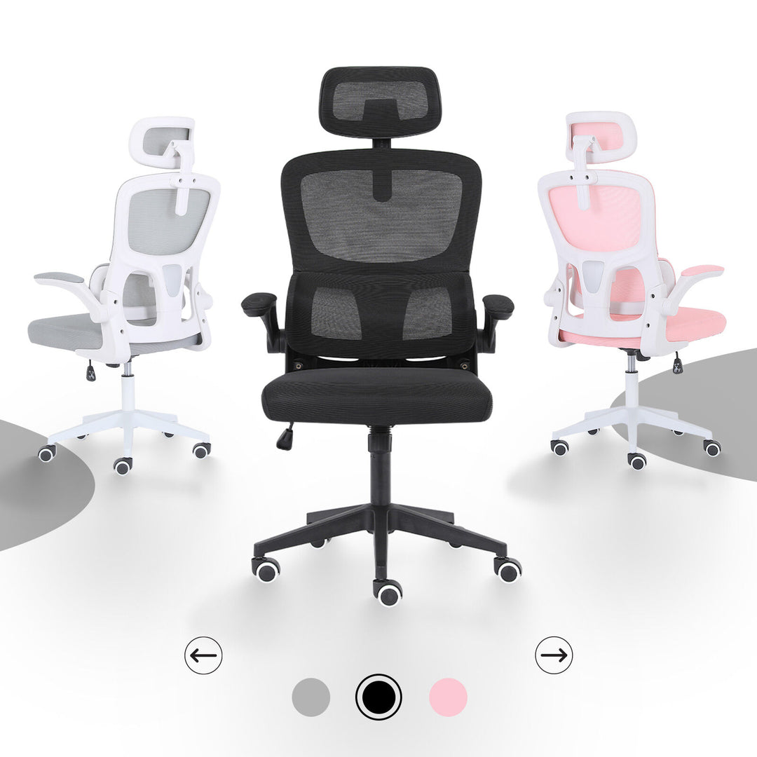 Ergonomic Mesh Office Chair – Adjustable Headrest &amp; Lumbar Support | Flip-Up Armrests | 120kg | Black - Greenora Living