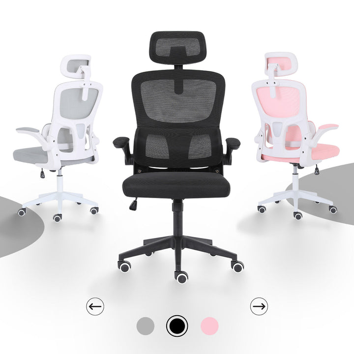 Ergonomic Mesh Office Chair – Adjustable Headrest &amp; Lumbar Support | Flip-Up Armrests | 120kg | Black - Greenora Living