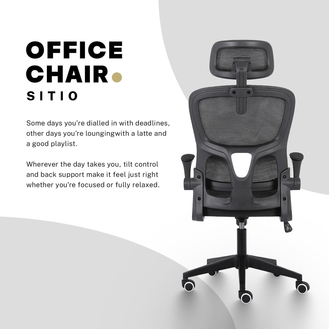 Ergonomic Mesh Office Chair – Adjustable Headrest &amp; Lumbar Support | Flip-Up Armrests | 120kg | Black - Greenora Living