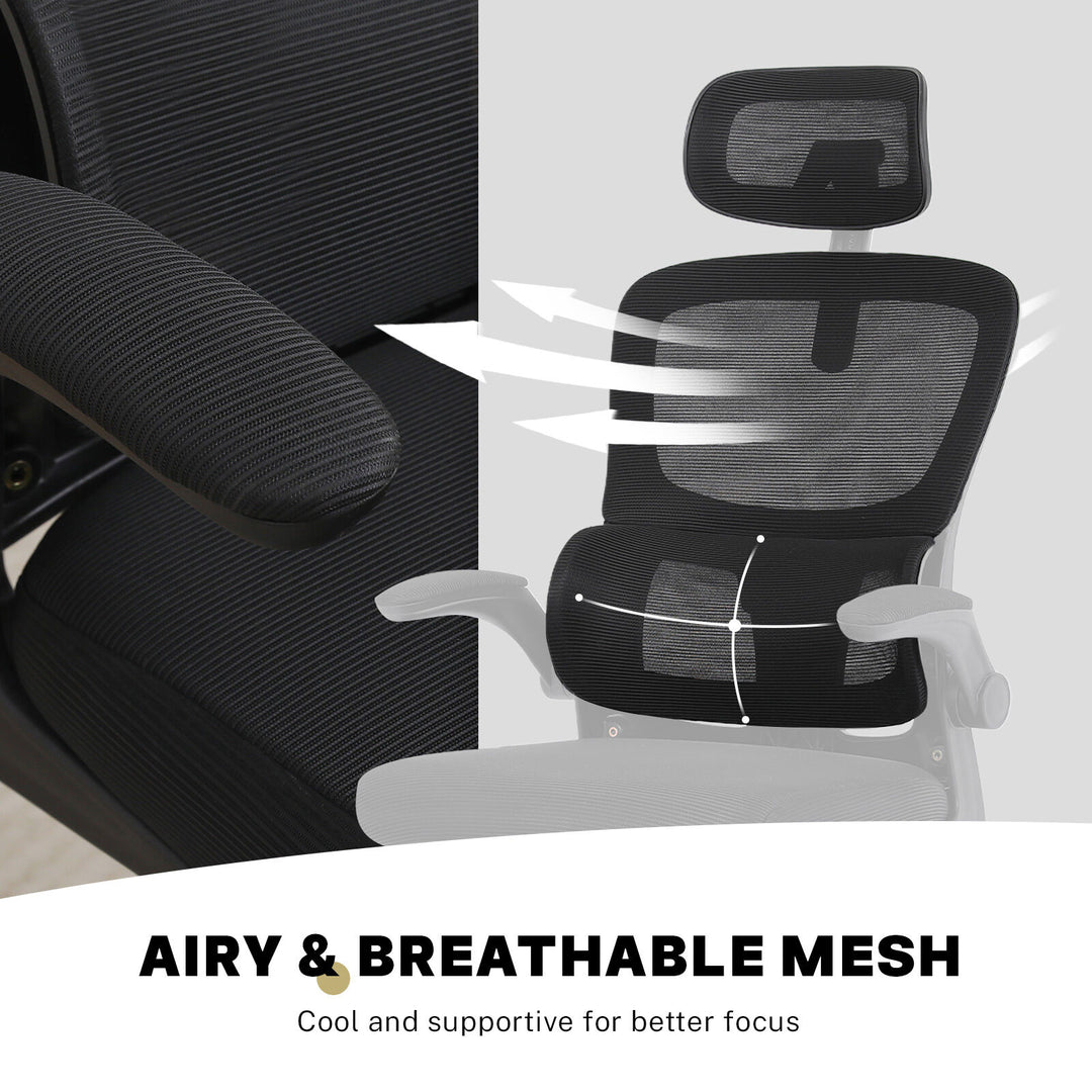 Ergonomic Mesh Office Chair – Adjustable Headrest &amp; Lumbar Support | Flip-Up Armrests | 120kg | Black - Greenora Living