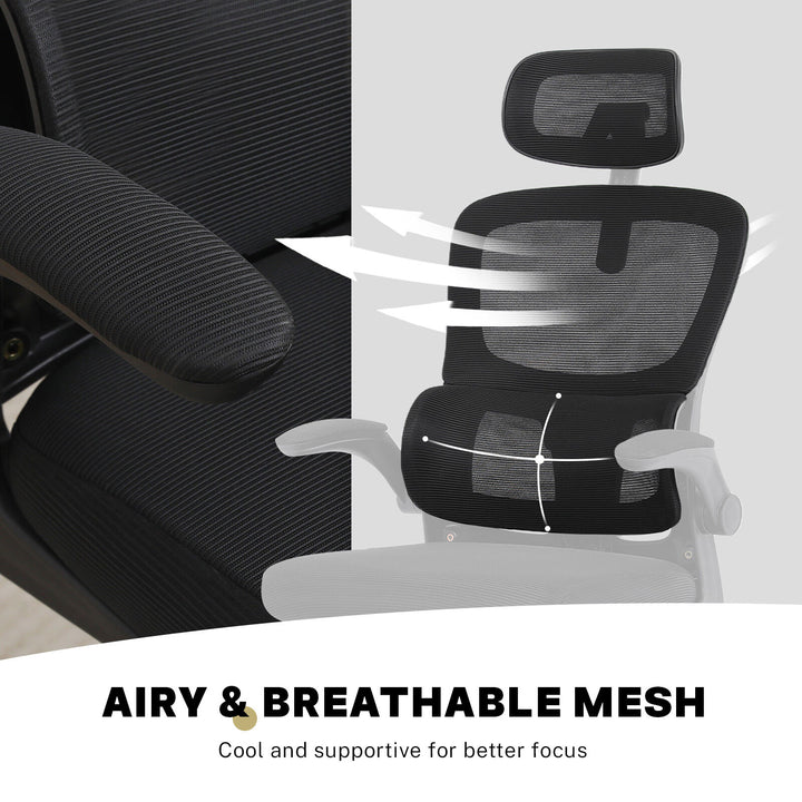 Ergonomic Mesh Office Chair – Adjustable Headrest &amp; Lumbar Support | Flip-Up Armrests | 120kg | Black - Greenora Living