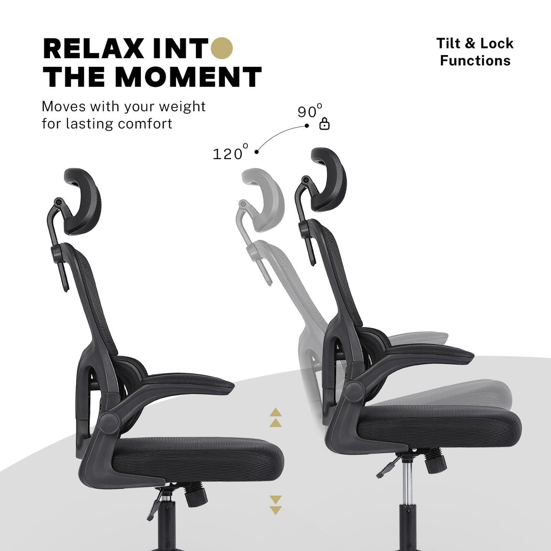 Ergonomic Mesh Office Chair – Adjustable Headrest &amp; Lumbar Support | Flip-Up Armrests | 120kg | Black - Greenora Living