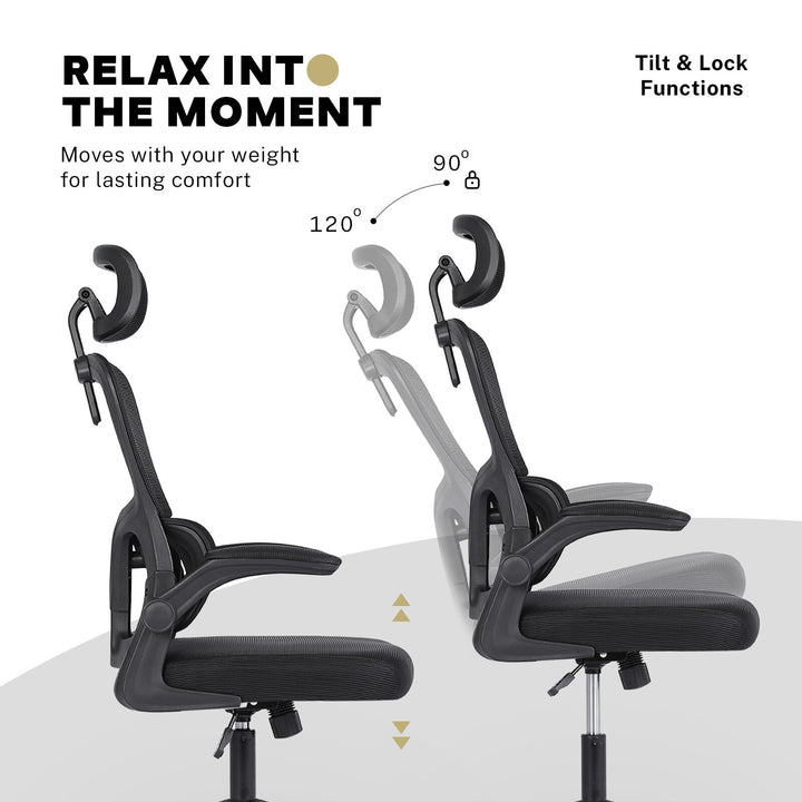 Ergonomic Mesh Office Chair – Adjustable Headrest &amp; Lumbar Support | Flip-Up Armrests | 120kg | Black - Greenora Living