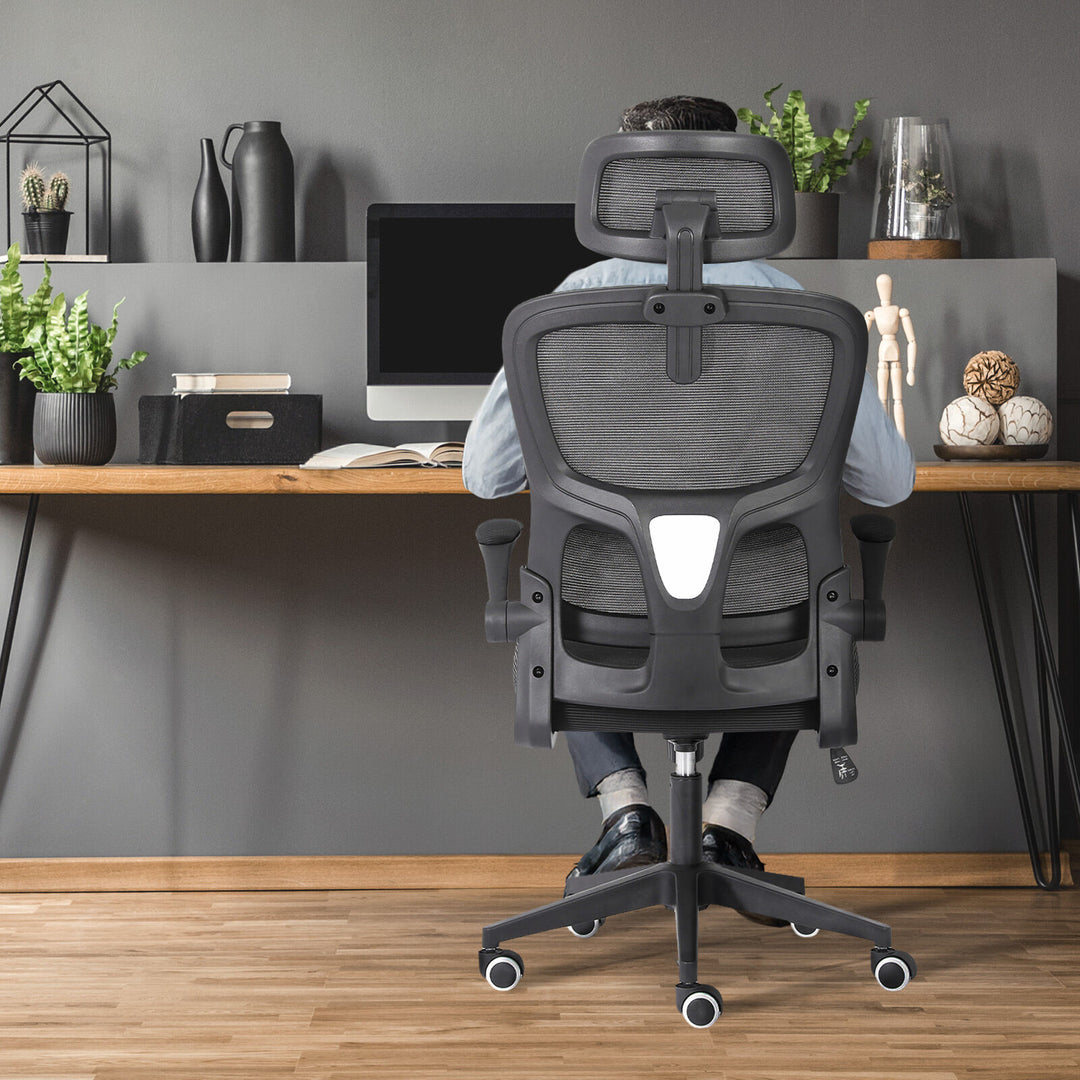 Ergonomic Mesh Office Chair – Adjustable Headrest &amp; Lumbar Support | Flip-Up Armrests | 120kg | Black - Greenora Living