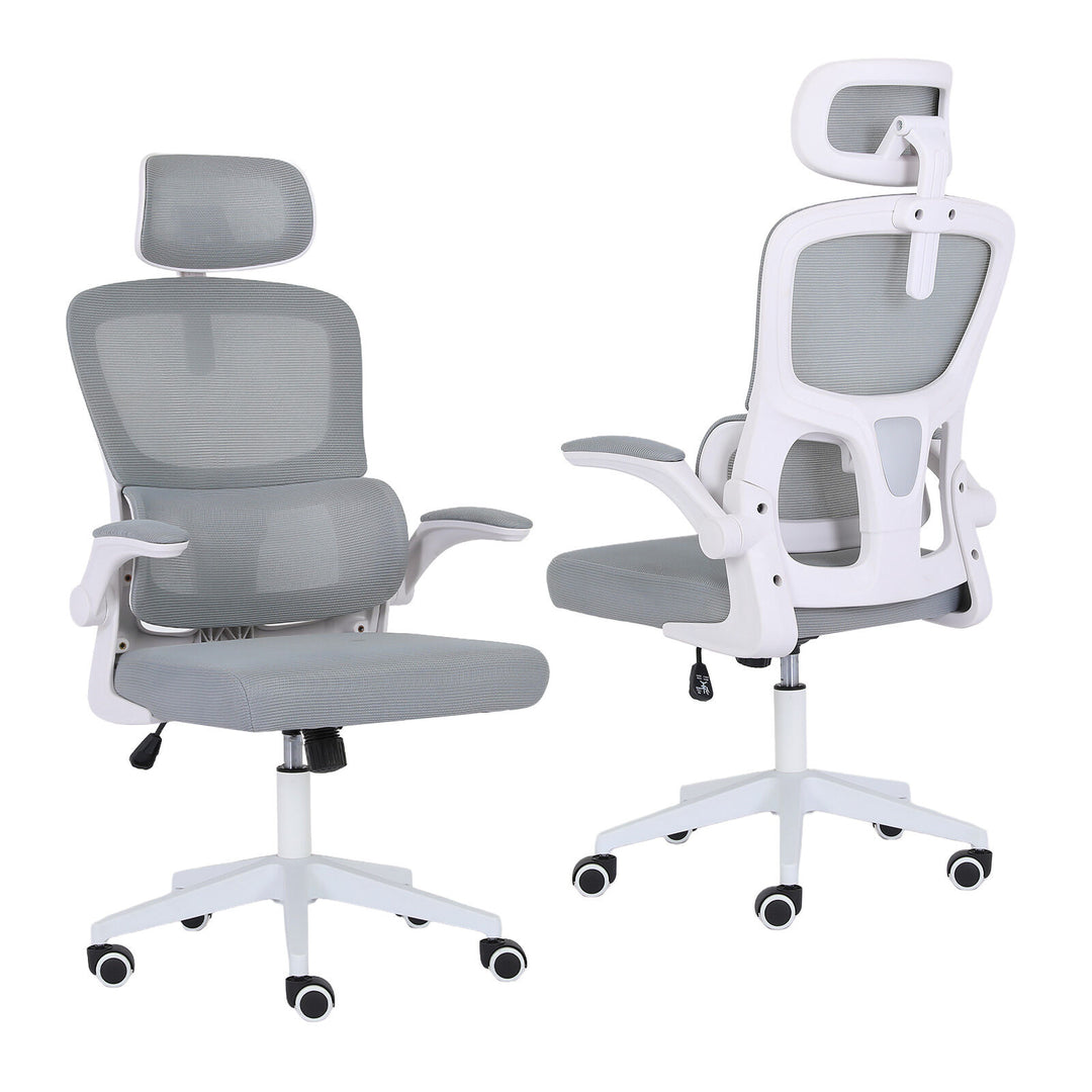 Ergonomic Mesh Office Chair | Adjustable Headrest & Lumbar Support | Flip-Up Armrests | 120kg | Grey & White - Greenora Living