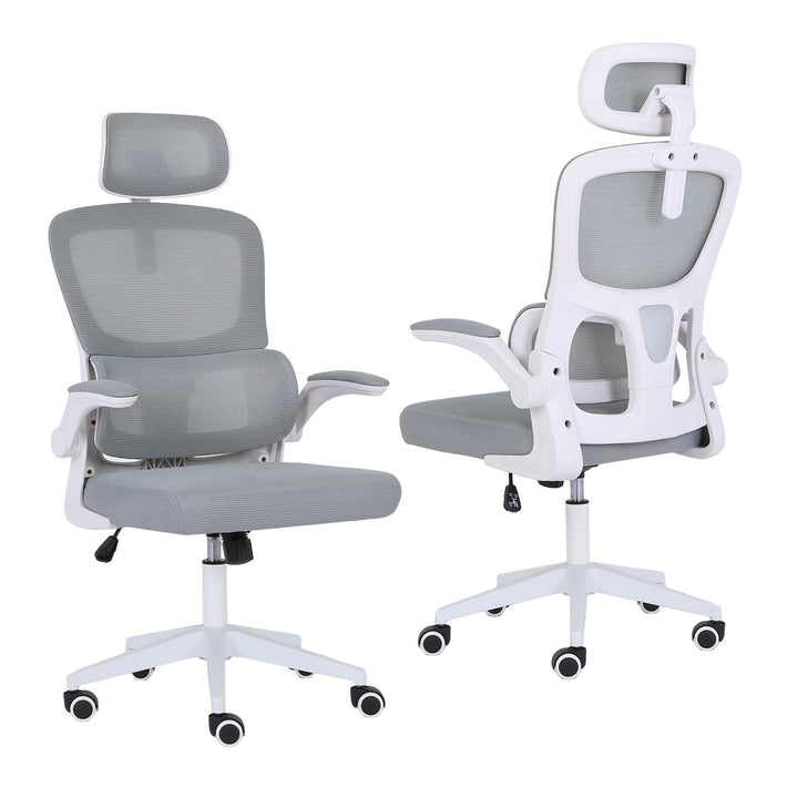 Ergonomic Mesh Office Chair | Adjustable Headrest &amp; Lumbar Support | Flip-Up Armrests | 120kg | Grey &amp; White - Greenora Living