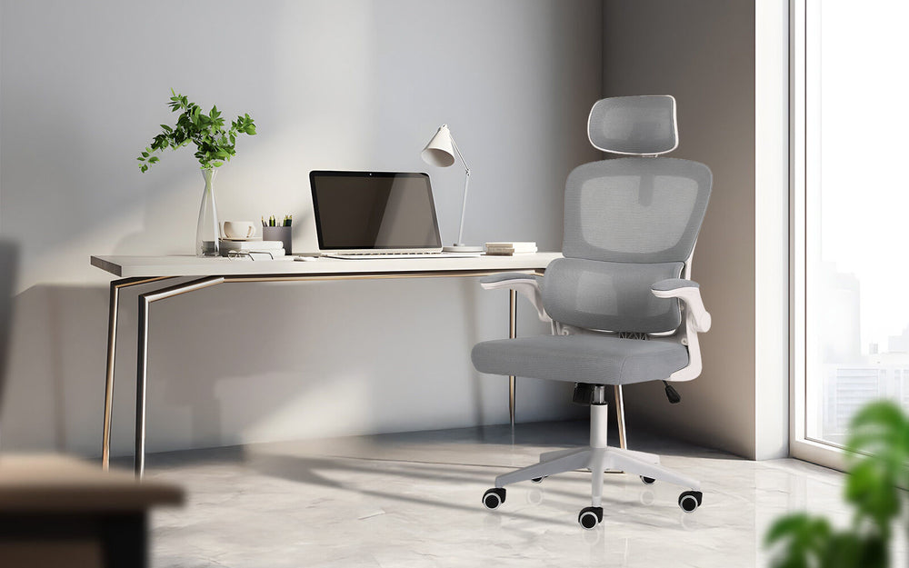 Ergonomic Mesh Office Chair | Adjustable Headrest & Lumbar Support | Flip-Up Armrests | 120kg | Grey & White - Greenora Living