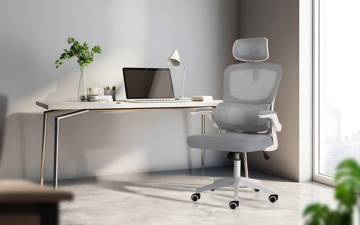 Ergonomic Mesh Office Chair | Adjustable Headrest &amp; Lumbar Support | Flip-Up Armrests | 120kg | Grey &amp; White - Greenora Living