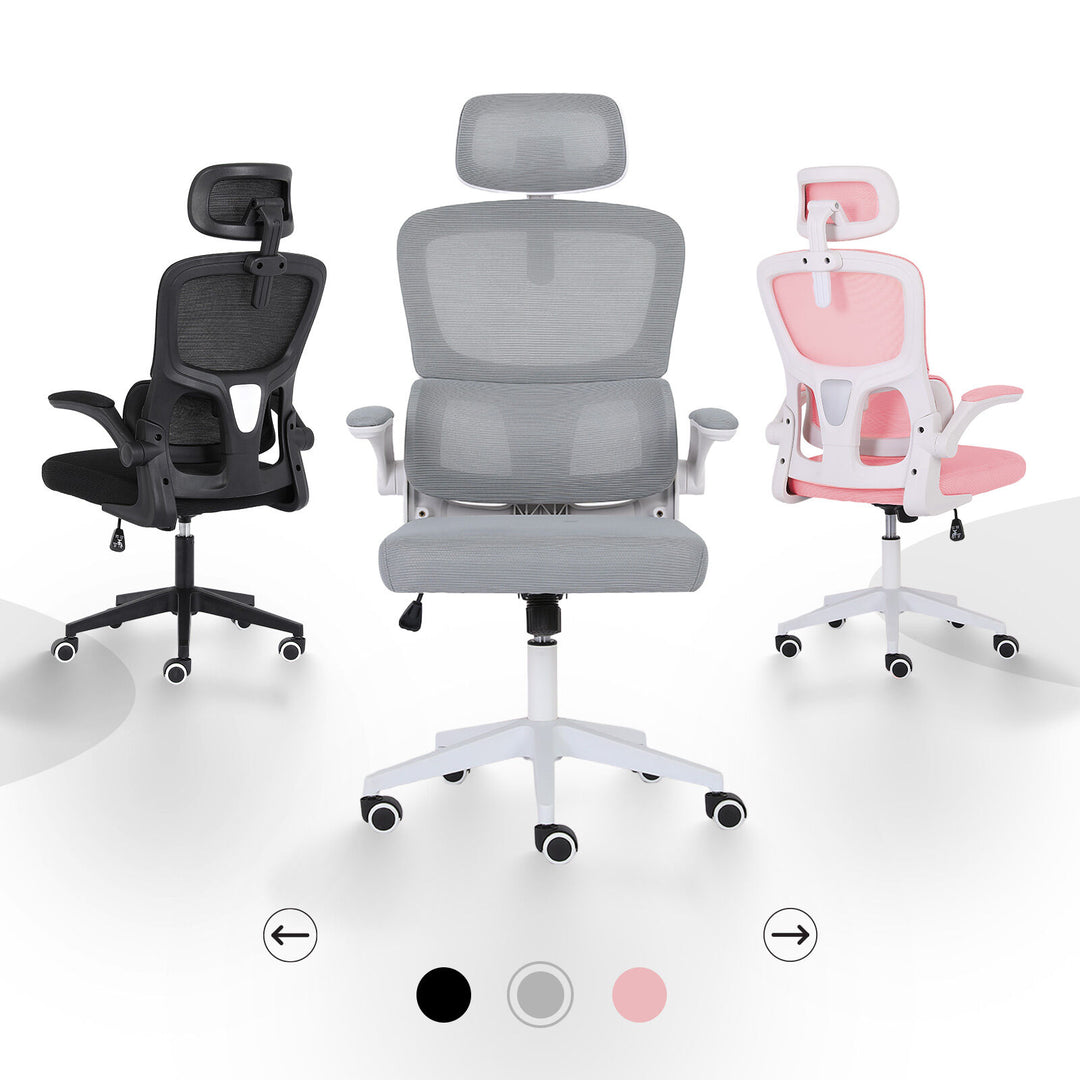 Ergonomic Mesh Office Chair | Adjustable Headrest &amp; Lumbar Support | Flip-Up Armrests | 120kg | Grey &amp; White - Greenora Living