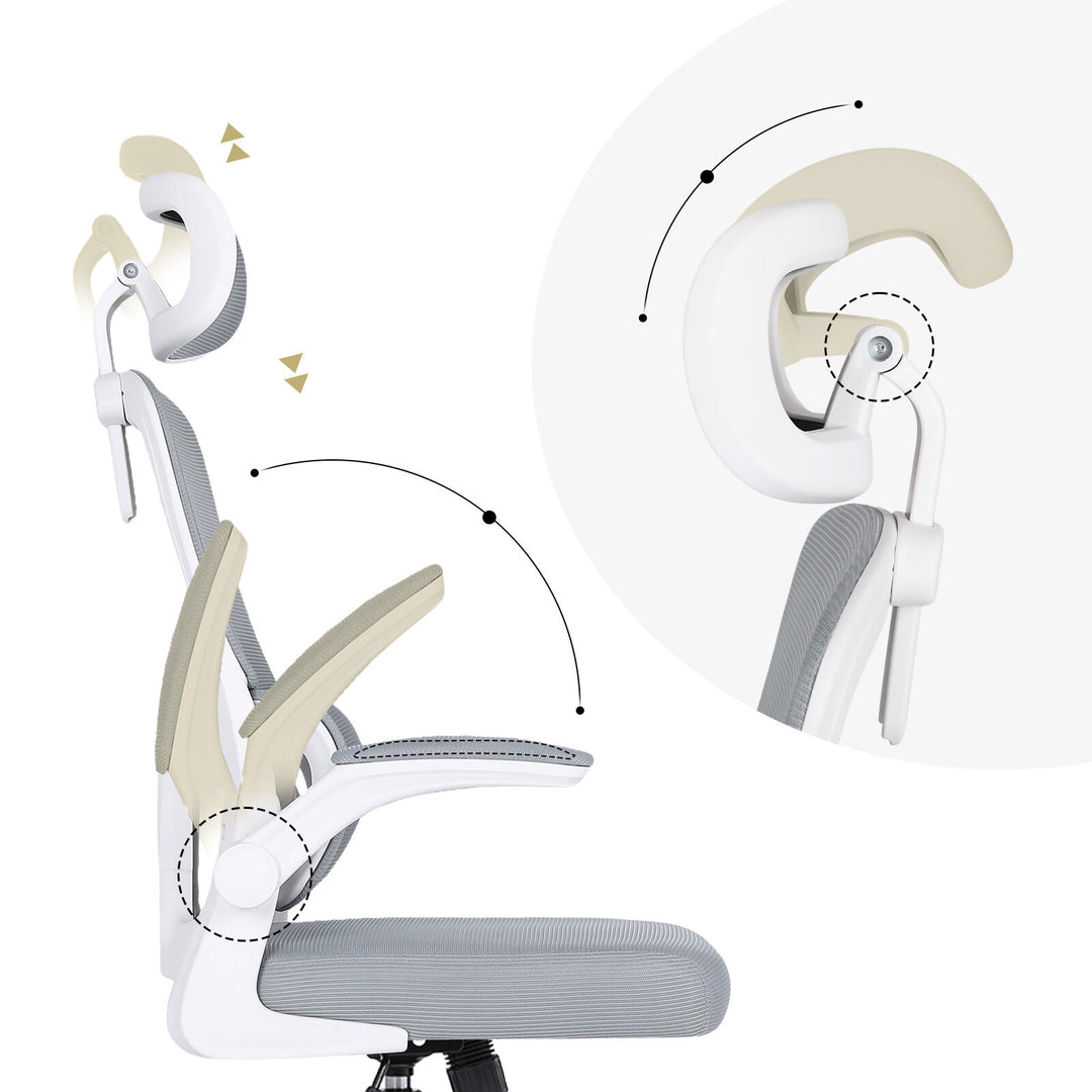 Ergonomic Mesh Office Chair | Adjustable Headrest &amp; Lumbar Support | Flip-Up Armrests | 120kg | Grey &amp; White - Greenora Living