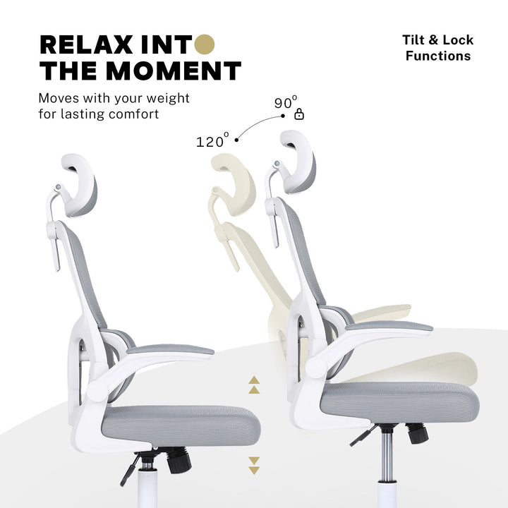 Ergonomic Mesh Office Chair | Adjustable Headrest &amp; Lumbar Support | Flip-Up Armrests | 120kg | Grey &amp; White - Greenora Living