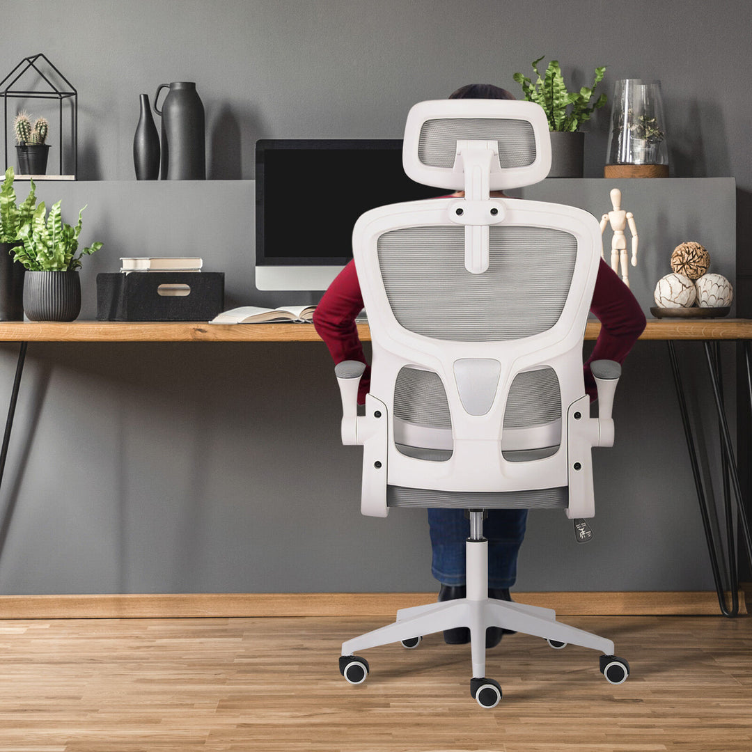 Ergonomic Mesh Office Chair | Adjustable Headrest &amp; Lumbar Support | Flip-Up Armrests | 120kg | Grey &amp; White - Greenora Living