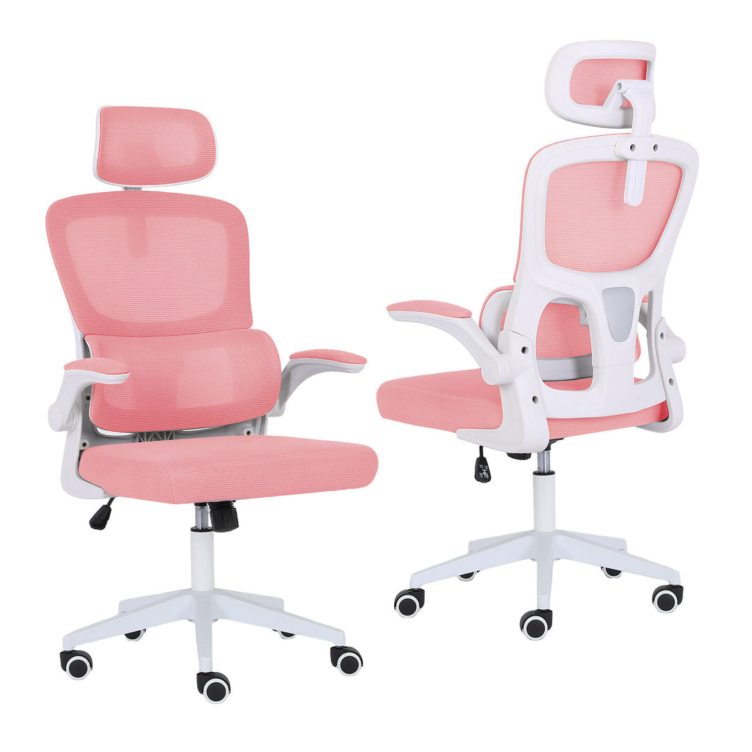 Ergonomic Mesh Office Chair – Adjustable Headrest & Lumbar Support | Flip-Up Armrests | 120kg | Pink & White - Greenora Living