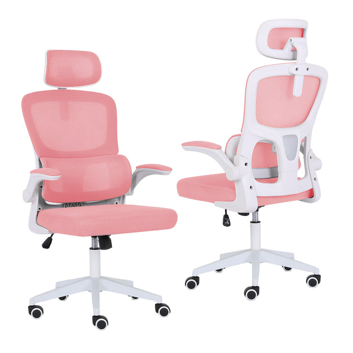 Ergonomic Mesh Office Chair – Adjustable Headrest &amp; Lumbar Support | Flip-Up Armrests | 120kg | Pink &amp; White - Greenora Living