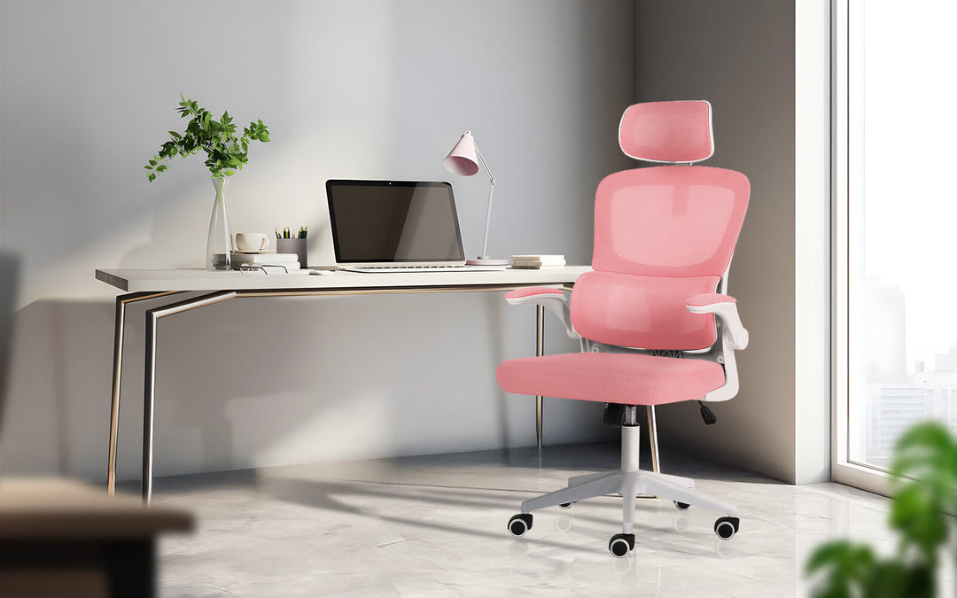 Ergonomic Mesh Office Chair – Adjustable Headrest &amp; Lumbar Support | Flip-Up Armrests | 120kg | Pink &amp; White - Greenora Living