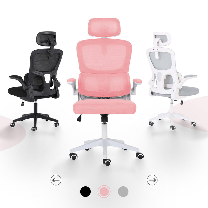 Ergonomic Mesh Office Chair – Adjustable Headrest &amp; Lumbar Support | Flip-Up Armrests | 120kg | Pink &amp; White - Greenora Living