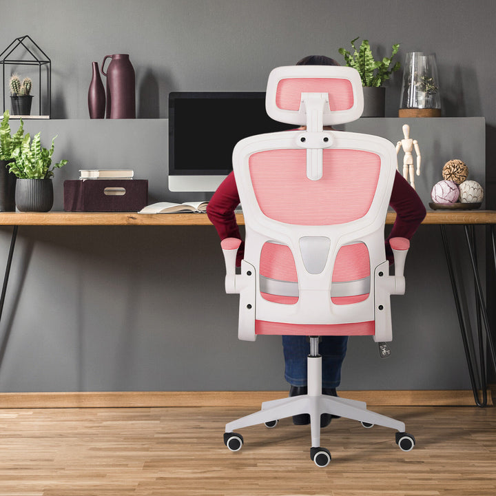 Ergonomic Mesh Office Chair – Adjustable Headrest &amp; Lumbar Support | Flip-Up Armrests | 120kg | Pink &amp; White - Greenora Living