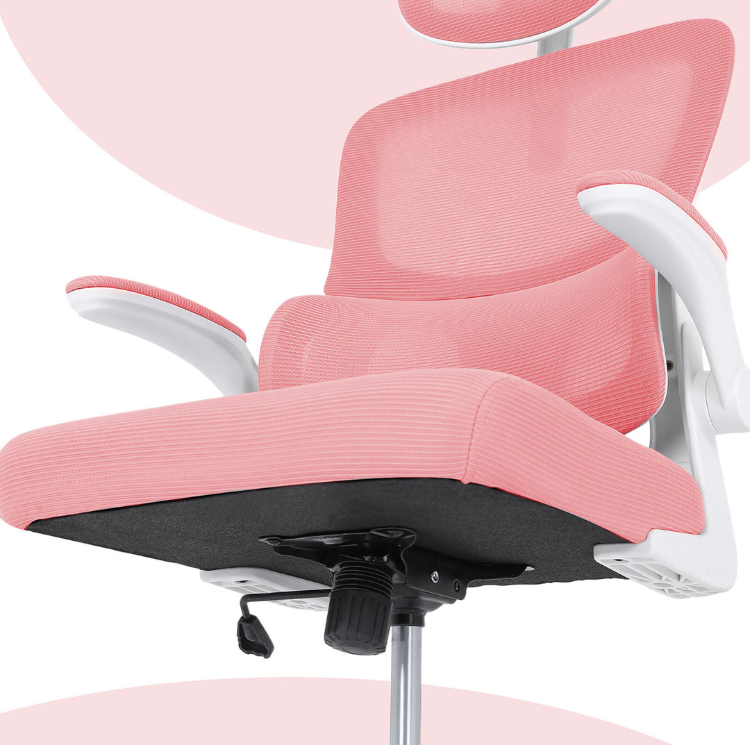 Ergonomic Mesh Office Chair – Adjustable Headrest &amp; Lumbar Support | Flip-Up Armrests | 120kg | Pink &amp; White - Greenora Living