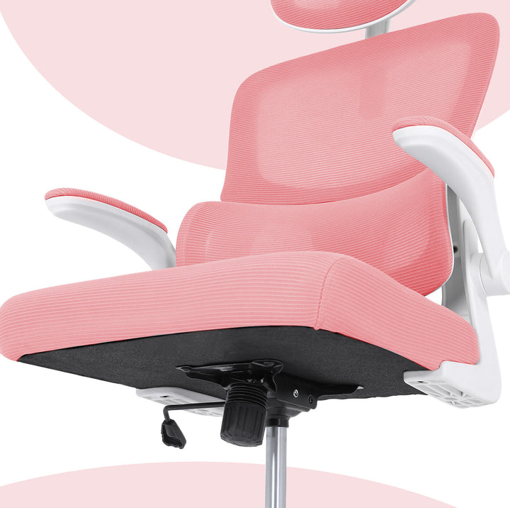 Ergonomic Mesh Office Chair – Adjustable Headrest &amp; Lumbar Support | Flip-Up Armrests | 120kg | Pink &amp; White - Greenora Living