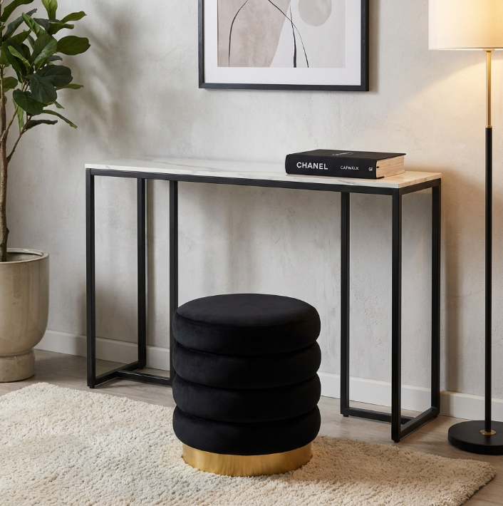 Nero Console Table – Sintered Stone Marble Top, Black Iron Frame &amp; 30kg Capacity | 100cm | Black &amp; White - Greenora Living