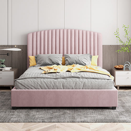 Double Bed Frame – Pink Velvet Upholstery, Quilted High Headboard & Upholstered Footboard - Greenora Living