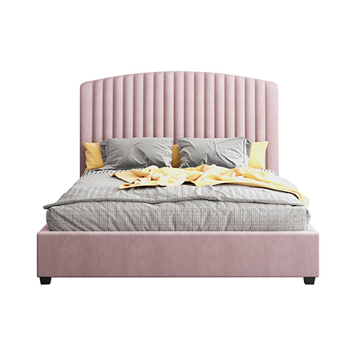Double Bed Frame – Pink Velvet Upholstery, Quilted High Headboard & Upholstered Footboard - Greenora Living