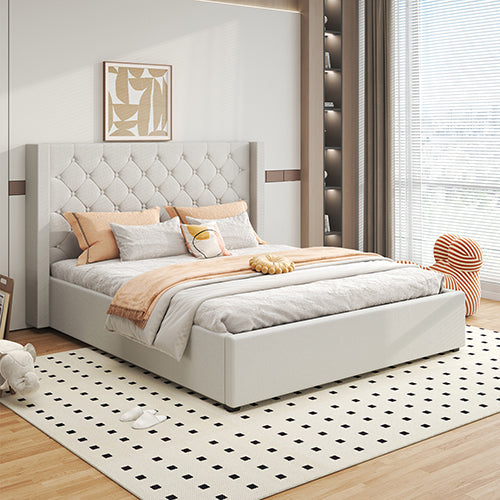 Veronica Grey Queen Bed Frame – Winged Linen, Seam Grid Quilted Headboard &amp; Gas Lift Storage | Metal Structure - Greenora Living