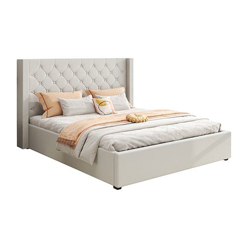 Veronica Grey Queen Bed Frame – Winged Linen, Seam Grid Quilted Headboard & Gas Lift Storage | Metal Structure - Greenora Living