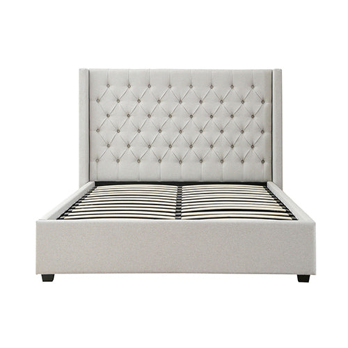 Veronica Grey Queen Bed Frame – Winged Linen, Seam Grid Quilted Headboard &amp; Gas Lift Storage | Metal Structure - Greenora Living