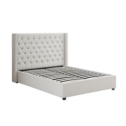Veronica Grey Queen Bed Frame – Winged Linen, Seam Grid Quilted Headboard &amp; Gas Lift Storage | Metal Structure - Greenora Living