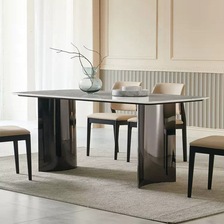 Marble Top Dining Table &amp; 6 Chairs Set with Sculptural Pedestal Base - Greenora Living
